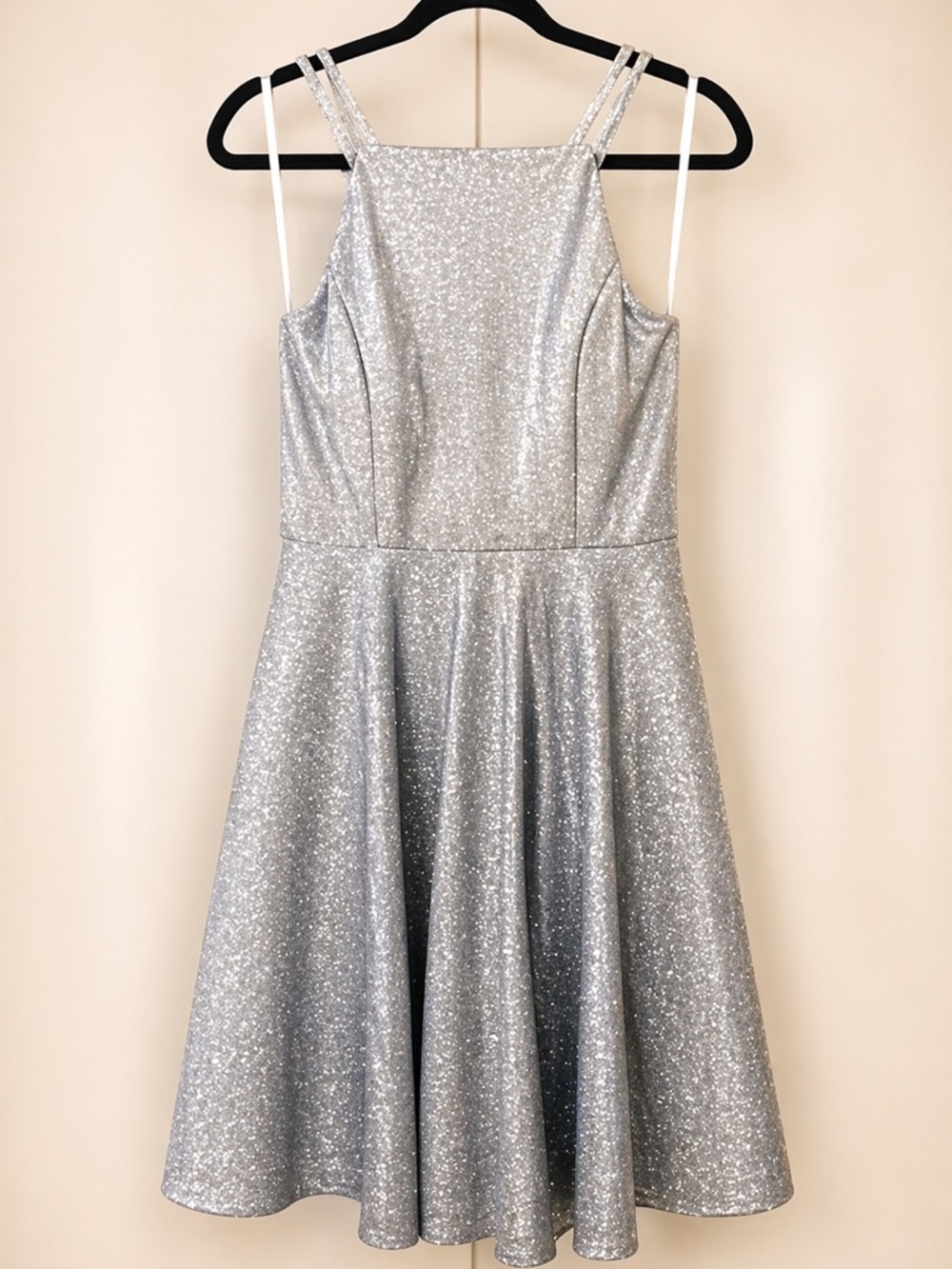 Silver Sparkly Fit & Flare Dress | Ice Blue Glitter Dress | Strappy Party Dress
